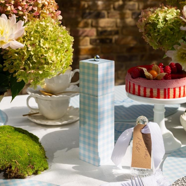 Blue Gingham Square Pillar Salt or Pepper Mill - Addison Ross Ltd UK