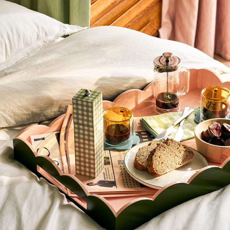 Khaki & Pink Large Lacquered Scallop Ottoman Two - Tone Tray - Addison Ross Ltd UK