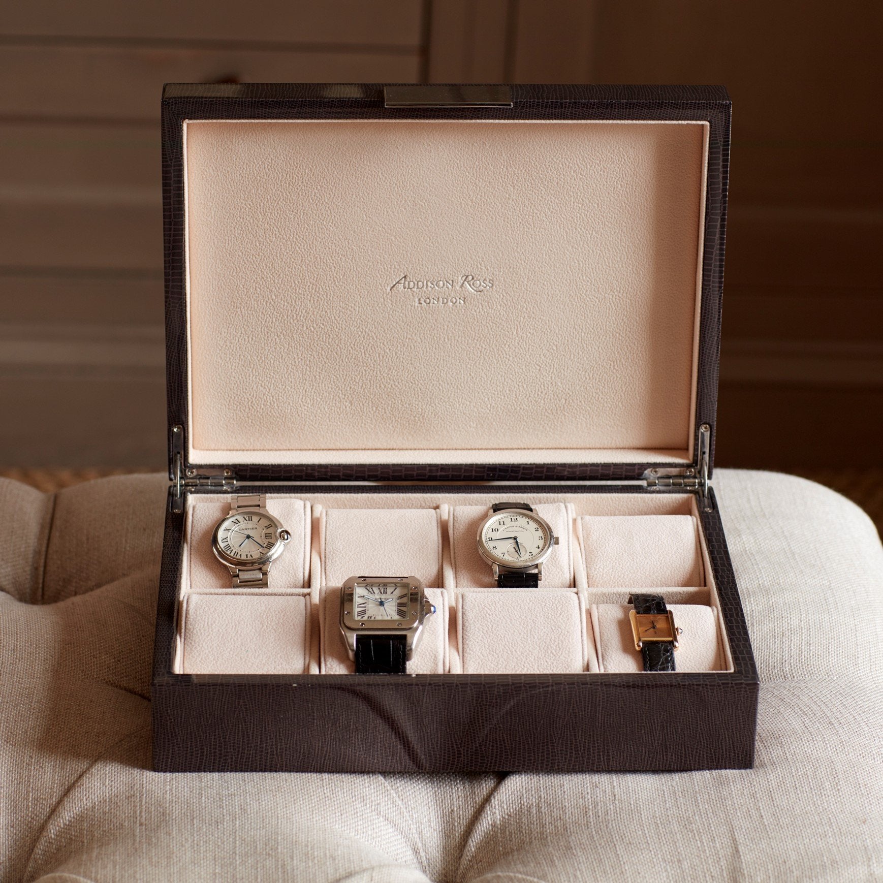Large Chiffon Grey & Gold Watch Box - Addison Ross Ltd UK