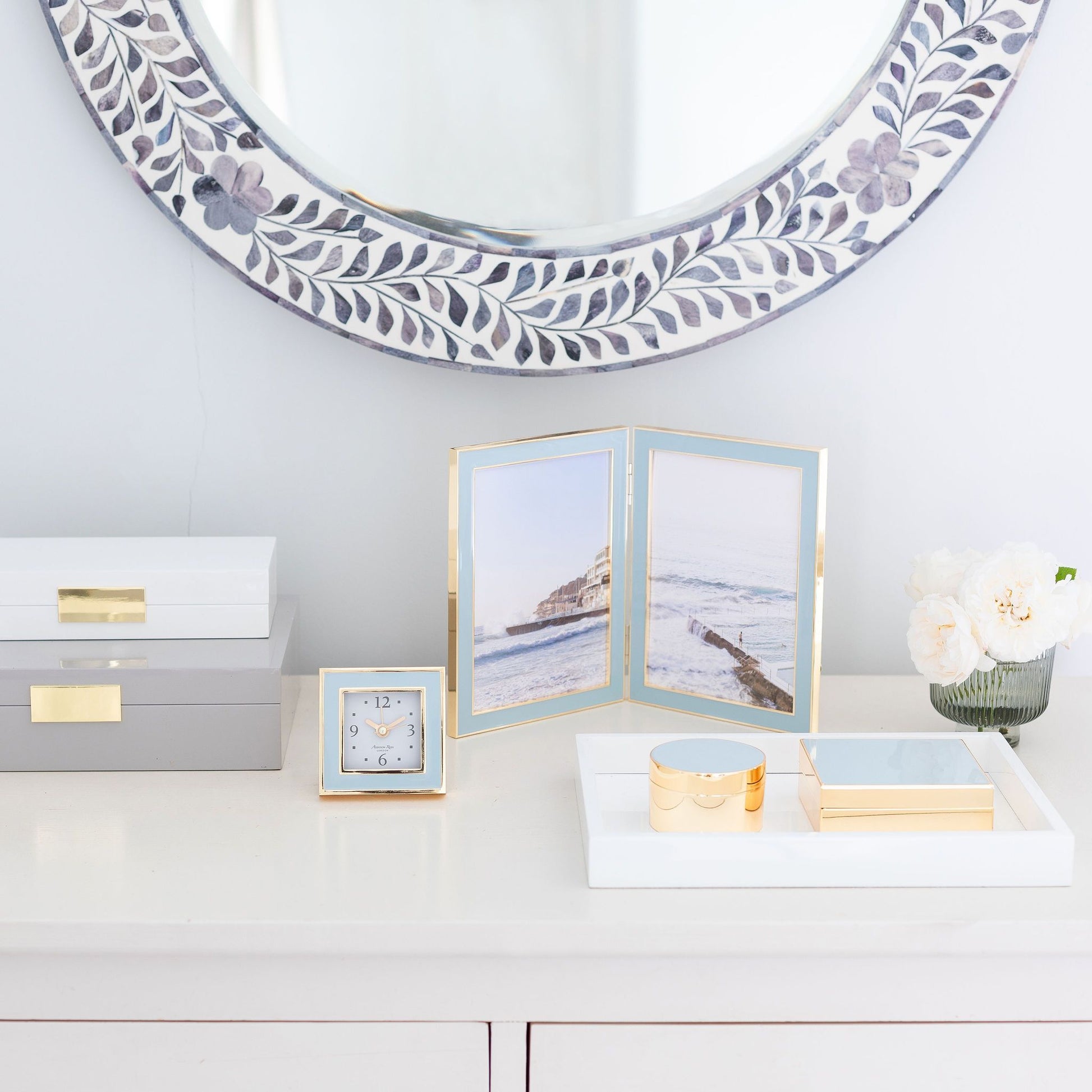 Powder Blue & Gold Square Silent Alarm Clock - Addison Ross Ltd UK